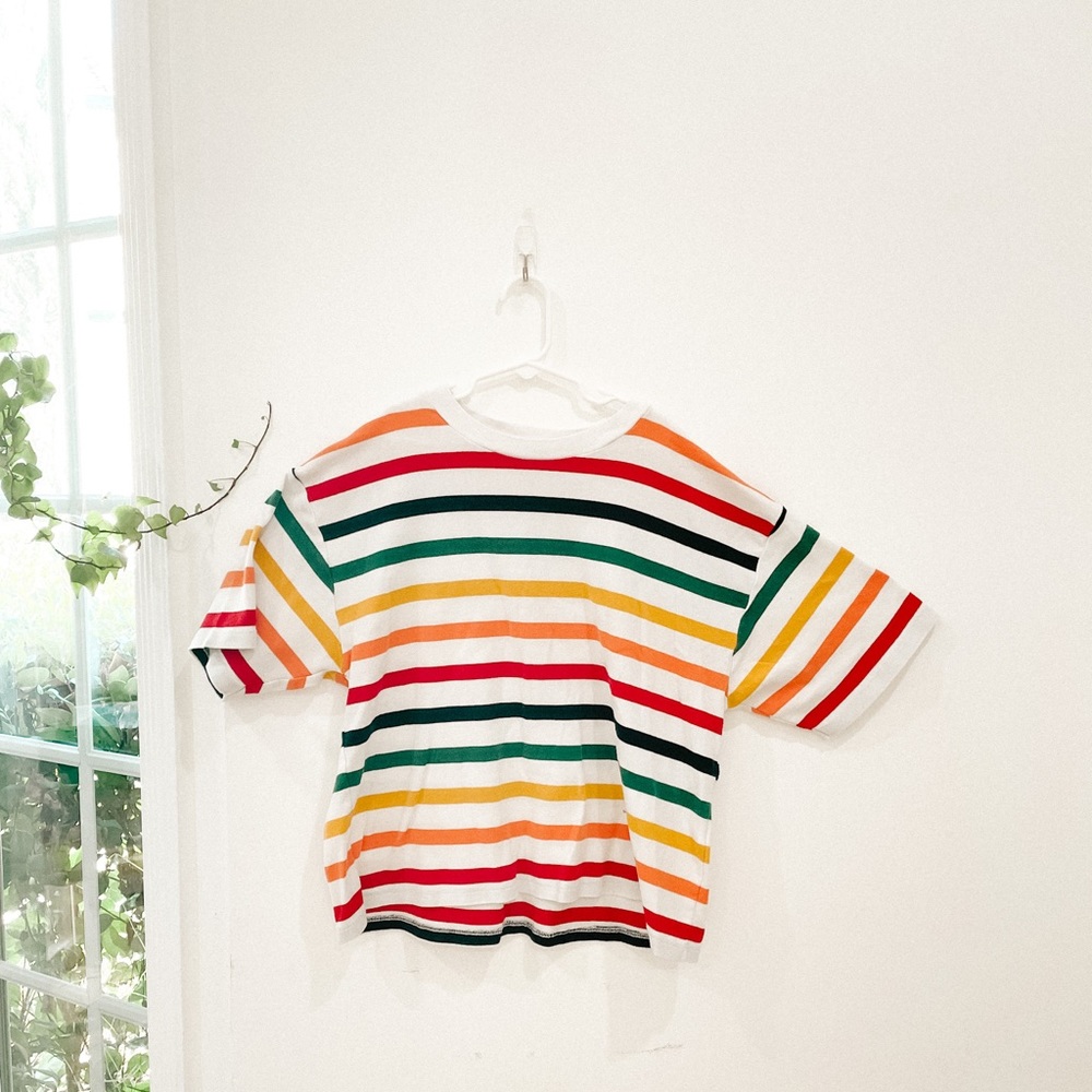 White tshirt with rainbow stripes. Brandy Melville.